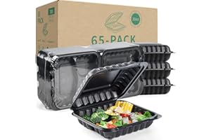 YANGRUI To Go Containers, Reusable 65 Pack 7.8 Inch BPA Free Black Clamshell Food Containers 30 oz Shrink Wrap 3 Compartment Freezer and Microwave Safe MFPP Take Out Containers