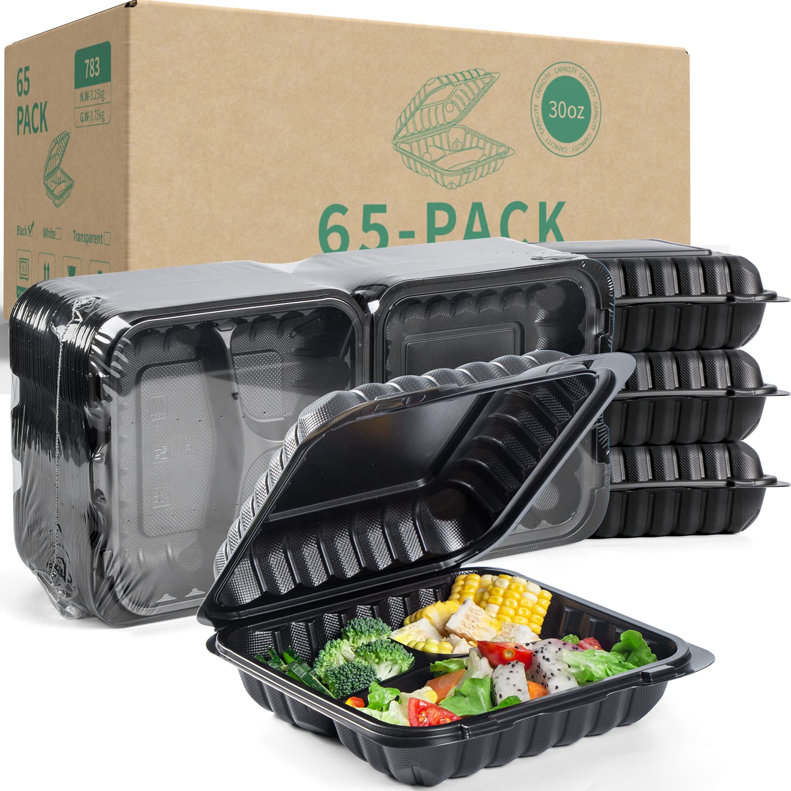 Photo 1 of YANGRUI To Go Containers, Reusable 65 Pack 7.8 Inch BPA Free Black Clamshell Food Container 30 oz Shrink Wrap 3 Compartment Freezer and Microwave Safe MFPP Take Out Boxes