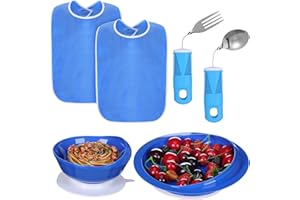Jeere 6 Pcs Adaptive Utensil with Bib Bowl Plate Set Weight Cutlery Gift for Elderly Disabled Hand Arthritis Parkinson(Blue)
