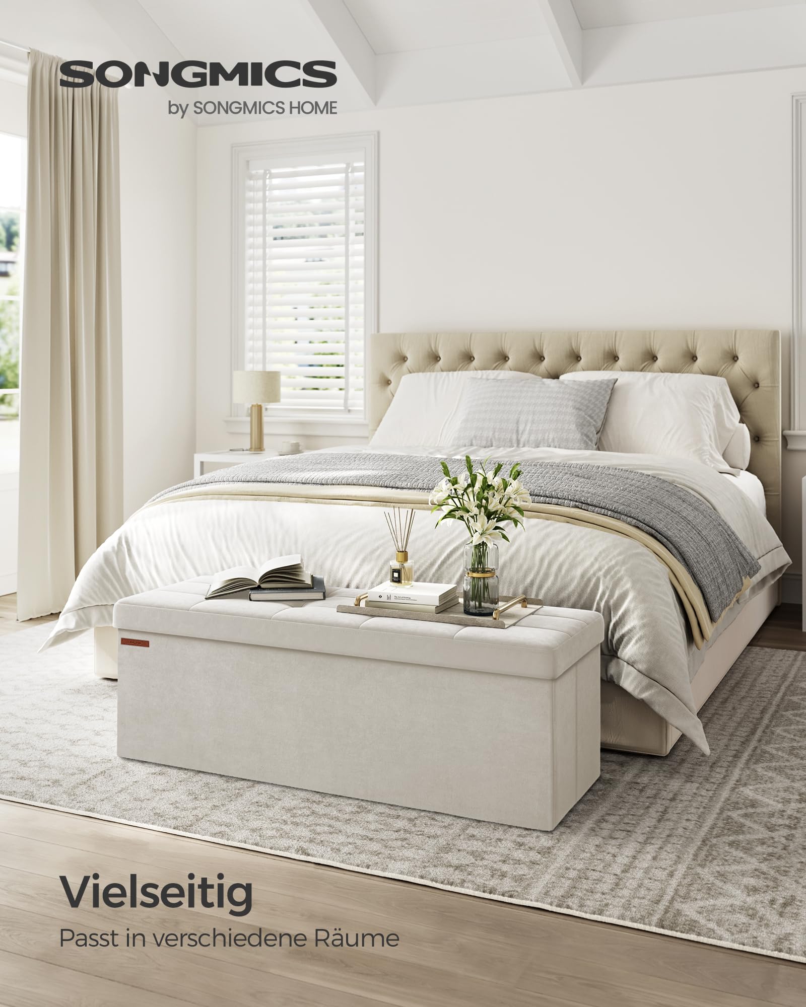 SONGMICS Sitzhocker mit Stauraum, klappbare Sitzbank, 38 x 110 x 38 cm Fußbank, Aufbewahrungsbox, bis 300 kg belastbar, für Wohnzimmer Schlafzimmer Flur, cremeweiß LSF277W01 3