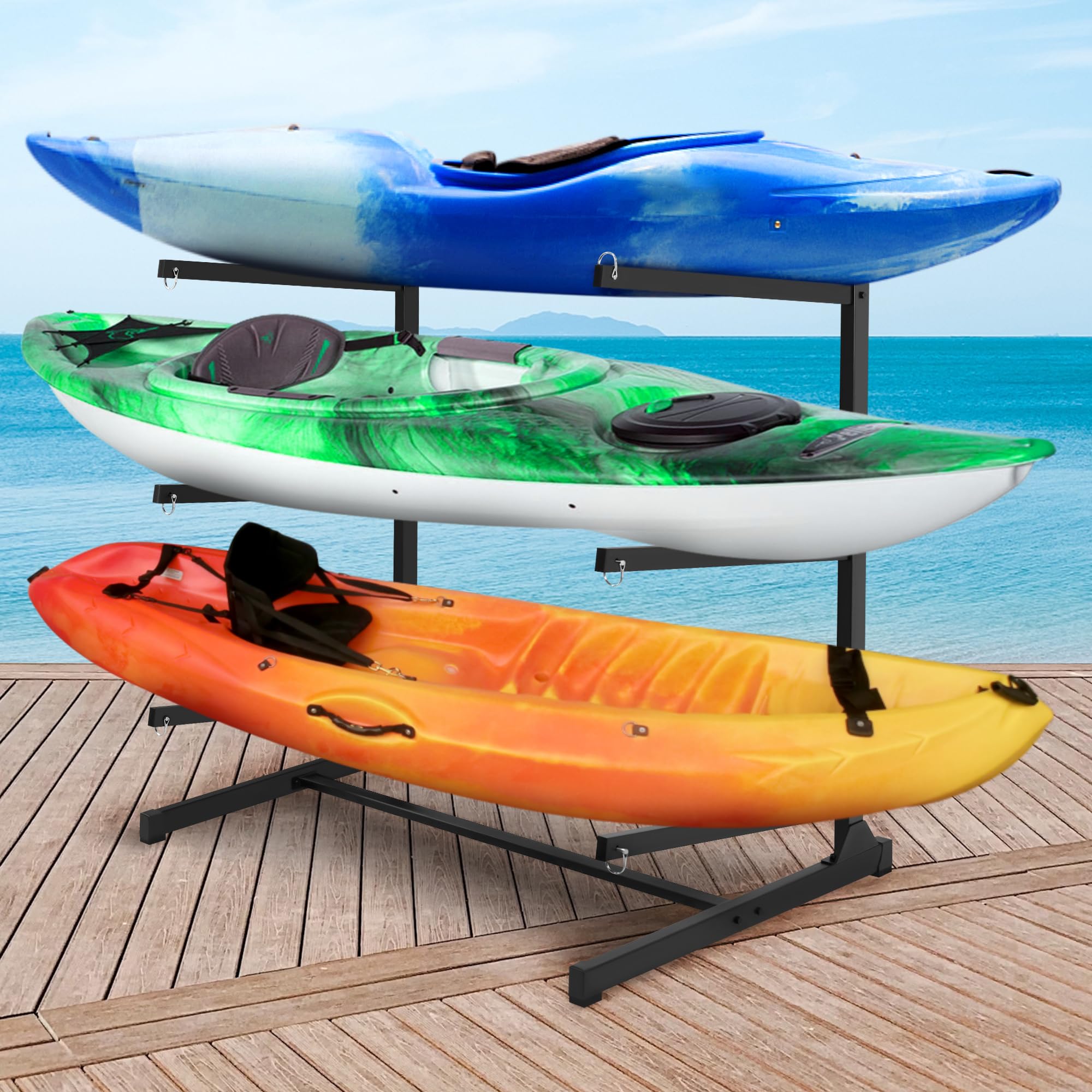 Photo 1 of JY PERFORMANCE Kayak Storage Rack, Freestanding Kayak Rack for Outdoor Storage, Heavy Duty 3-Tier Kayak Rack for Kayaks, Canoe, SUPs, Paddleboard, Indoor Outdoor Garage Dock Shed