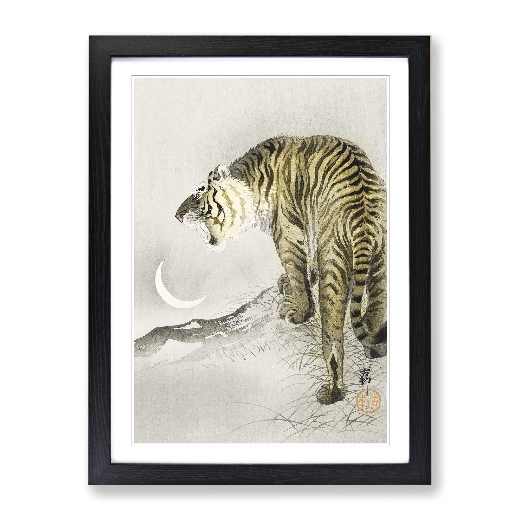 Roaring Tiger By Ohara Koson Asian Japanese Framed Wall Art Print, Ready to Hang Picture for Living Room Bedroom Home Office Décor, Black A4 (34 x 25 cm)