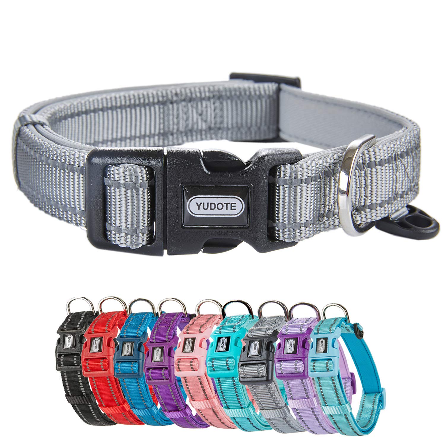 YUDOTE Dog Collar Medium Strong Reflective Nylon Webbing with Soft Comfy Neoprene Padded Linning for Medium Dogs Daily Use,Cool Grey