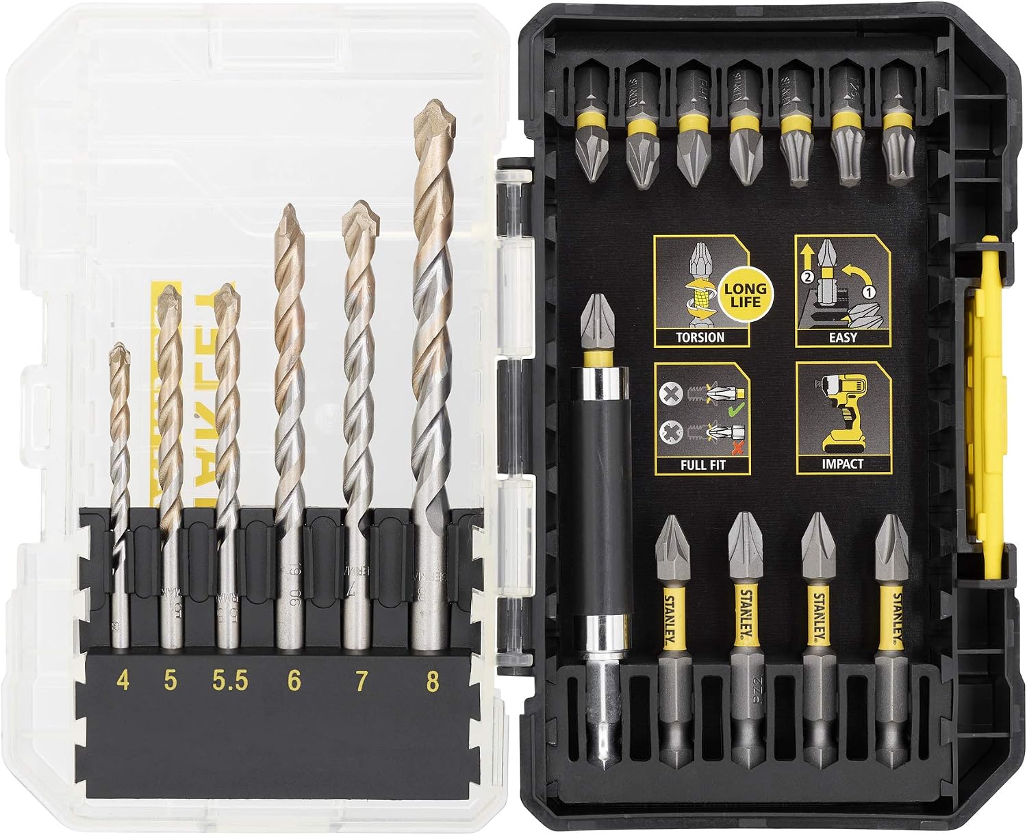STANLEY FATMAX Masonry and Impact Screwdriver Drilling Bit Set Includes a Small ToughCase and Shaker Box Compatible with Pro-Stack and TSTAK (19 Pieces) STA88552-XJ