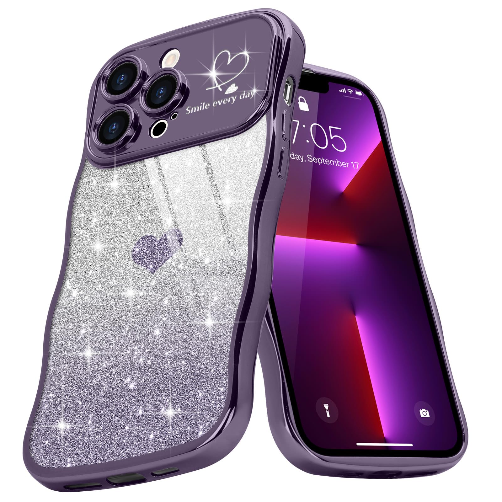 Teageo Cute Heart Pattern Curly Phone Case for iPhone 13 Pro Max, Wave Frame Glitter Case for Girls Women Aesthetic Bling Cover Shockproof Soft TPU Bumper for iPhone 13 Pro Max, Purple