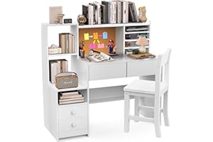 RUPOLX White Kids Desk and Chair Set for 5-12 Year Old, Childrens Computer Desk with 4 Drawers, Kids Study Table with Storage Shelf