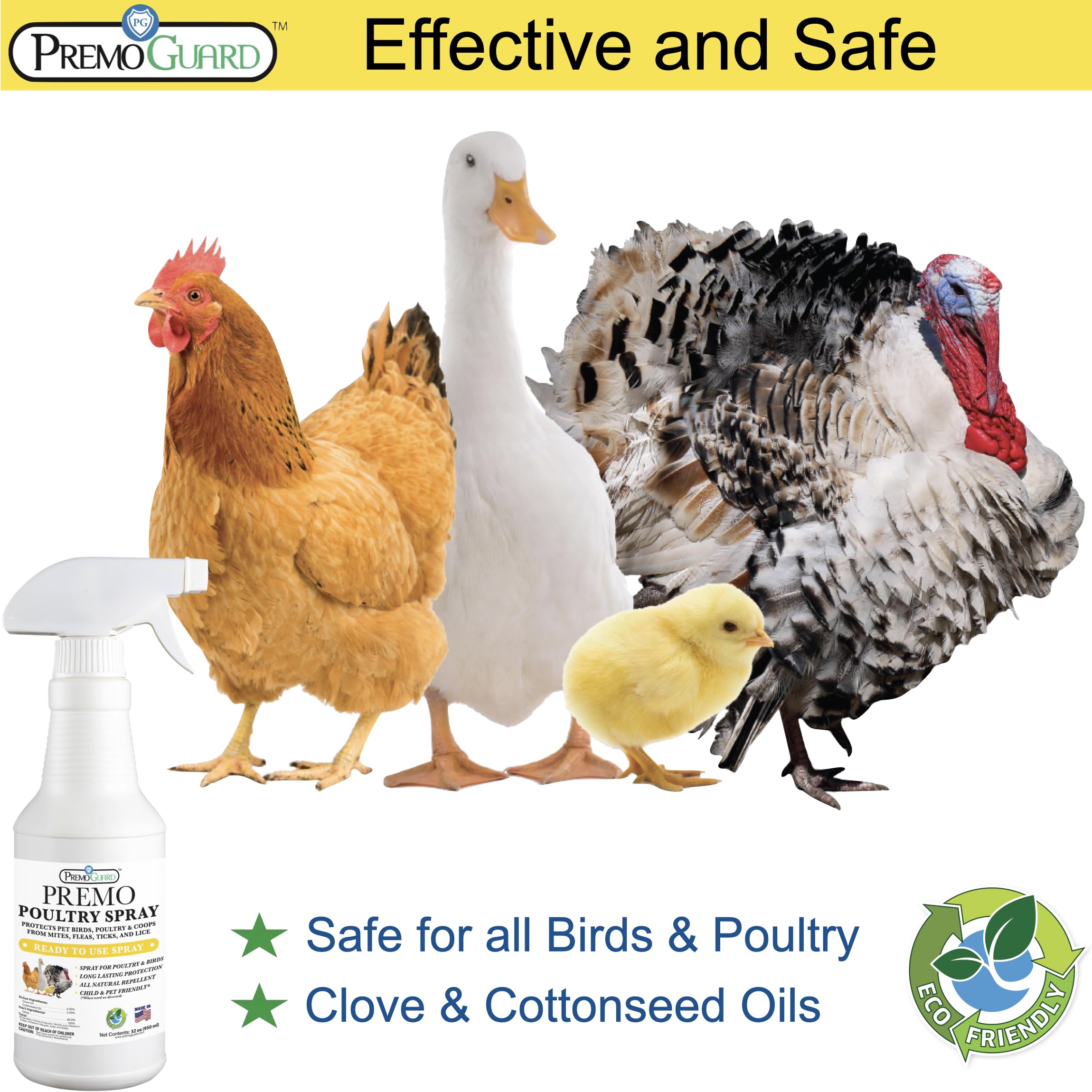 Premo Guard Poultry Spray - 32 oz - Kill Scaly Leg, Mites, Fleas, Lice, & Other Pest on Chickens and in Coops - Natural Plant Based Oils for Control, & Prevention - Family Safe with No Egg Withdrawl