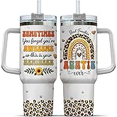 99WHALE Tumbler 40 Oz With Handle Lid And Straw, Auntie Rainbow Leopard, Rainbow Travel Coffee Mug Cup, Aunt Gifts, Cups For Black Gift Daisy Print Ever Handle Coffee Best Heart