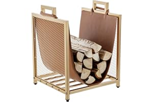 MyGift Modern Gold Tone Metal Firewood Stand with Brown Leatherette Wood Holder Sling, Wire Mesh Design and Top Carrying Handles, Compact Log Splits Kindling Storage Rack