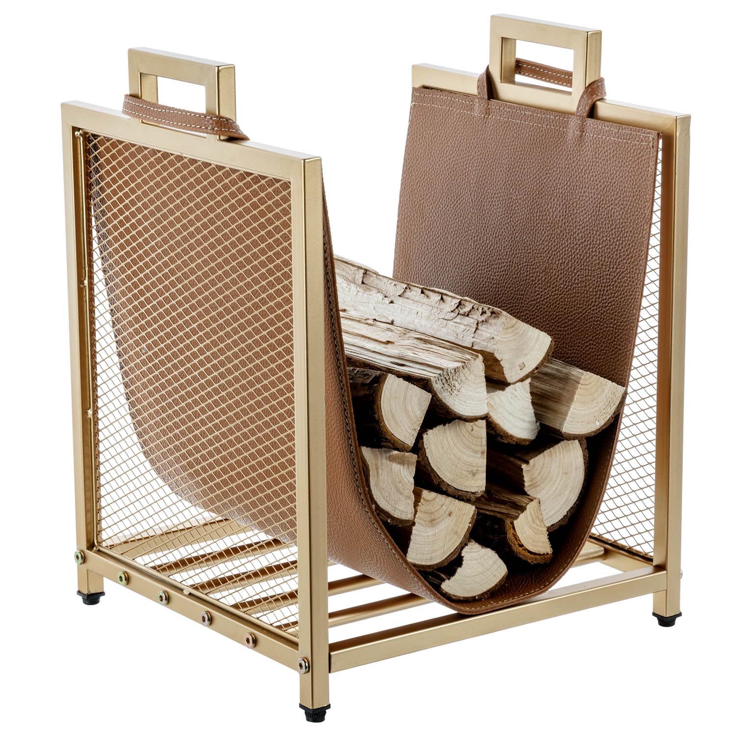 Photo 1 of MyGift Modern Gold Tone Metal Firewood Stand with Brown Leatherette Wood Holder Sling, Wire Mesh Design and Top Carrying Handles, Compact Log Splits Kindling Storage Rack