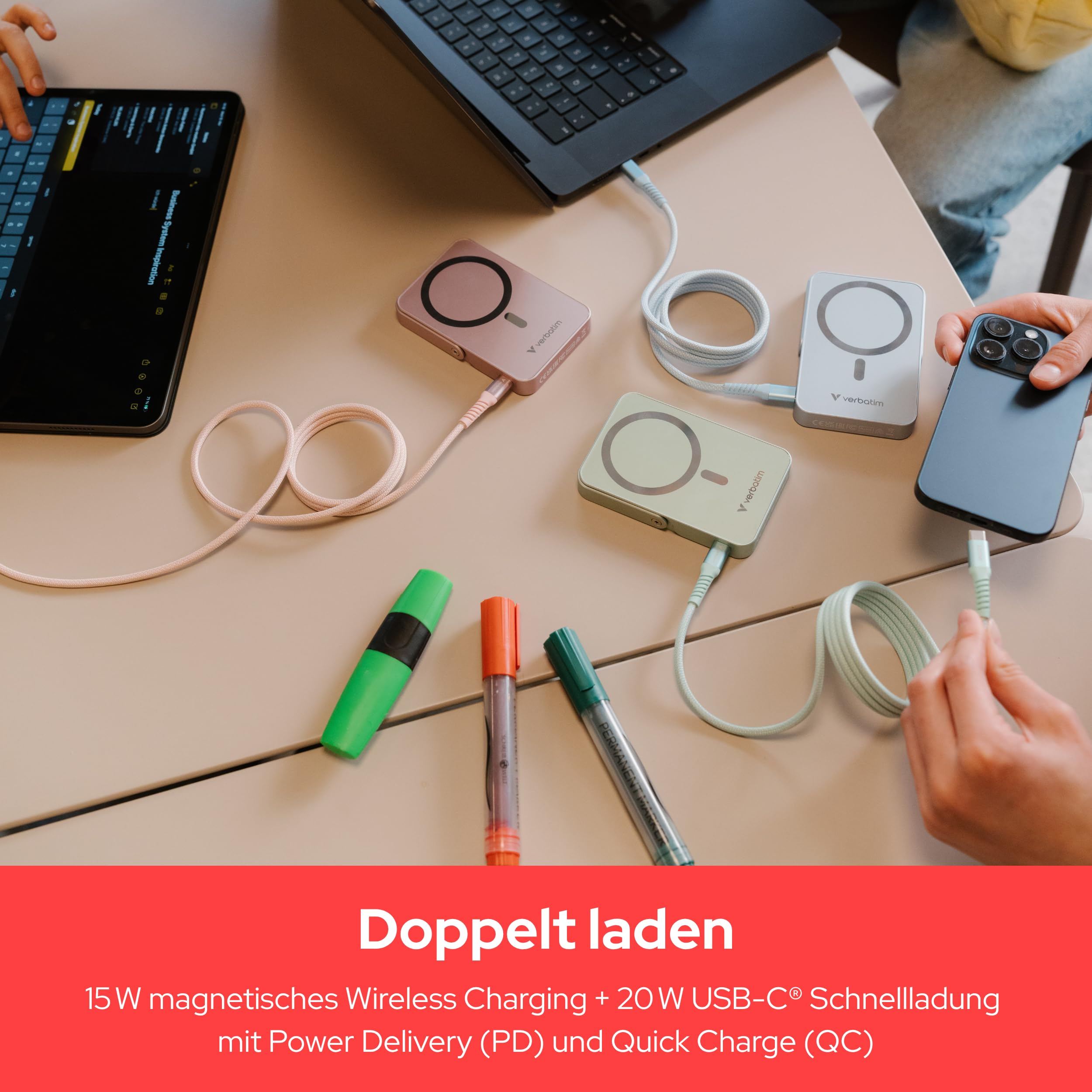 Verbatim Charge 'n' Go MagSafe Powerbank 10.000mAh Schwarz 15W magnetisch, PD 20W Schnellladen, LED-Anzeige, Ständer klappbar, Glasoberfläche, für iPhone 17/16/15 Pro, Galaxy S25 - inkl. USB-C Kabel 4