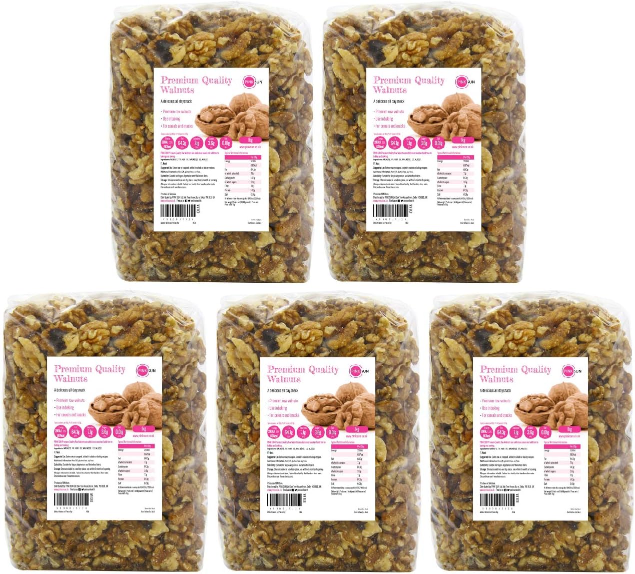 PINK SUN Walnut Halves 5kg (1kg x 5) Raw Natural Nuts Walnuts Unsalted Whole Foods With Skins On Bulk Kernels Unpasteurised Unroasted Gluten Free Vegetarian Vegan Bulk Buy
