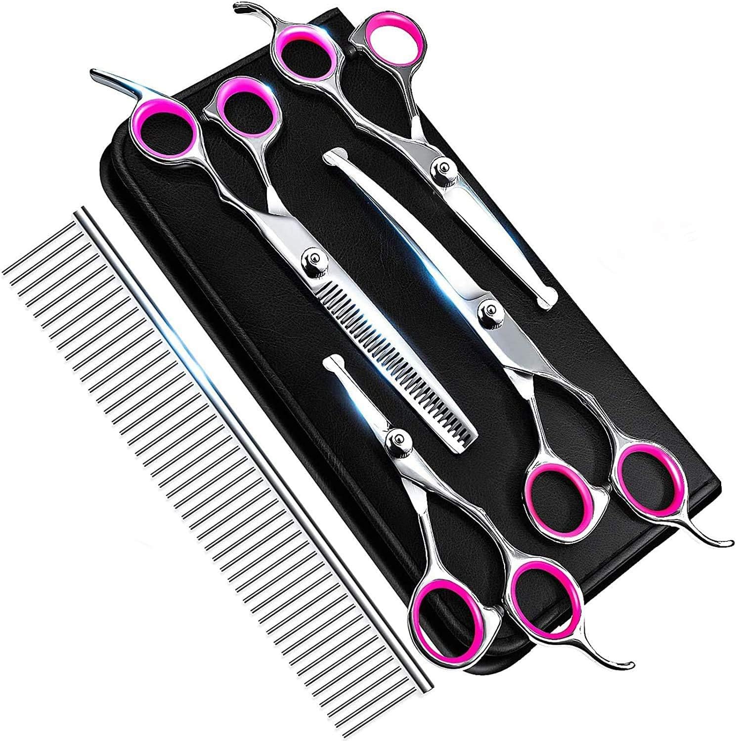KCHEX Dog Grooming Scissors, Grooming Scissors for Dogs with Safety Round Tip, Dog Scissors for Grooming - Thinning, Straight, Curved dog Shears and Comb for Trimming Face, Ear, Nose & Paws