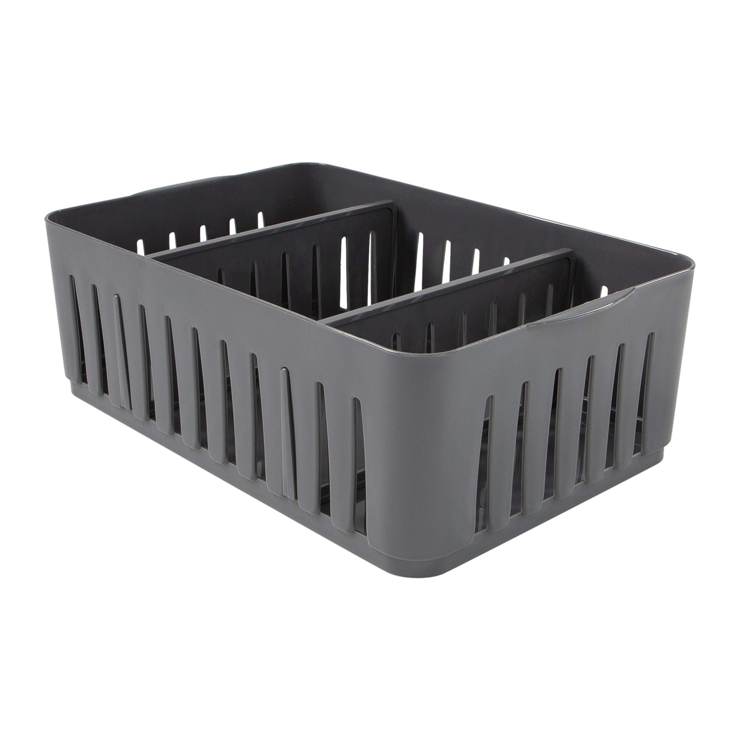 Simplify Stackable Organizer Bin with Adjustable Dividers, 3 Compartment Storage Basket, Good for Office, Home & Dorm, Polypropylene (PP), Grey
