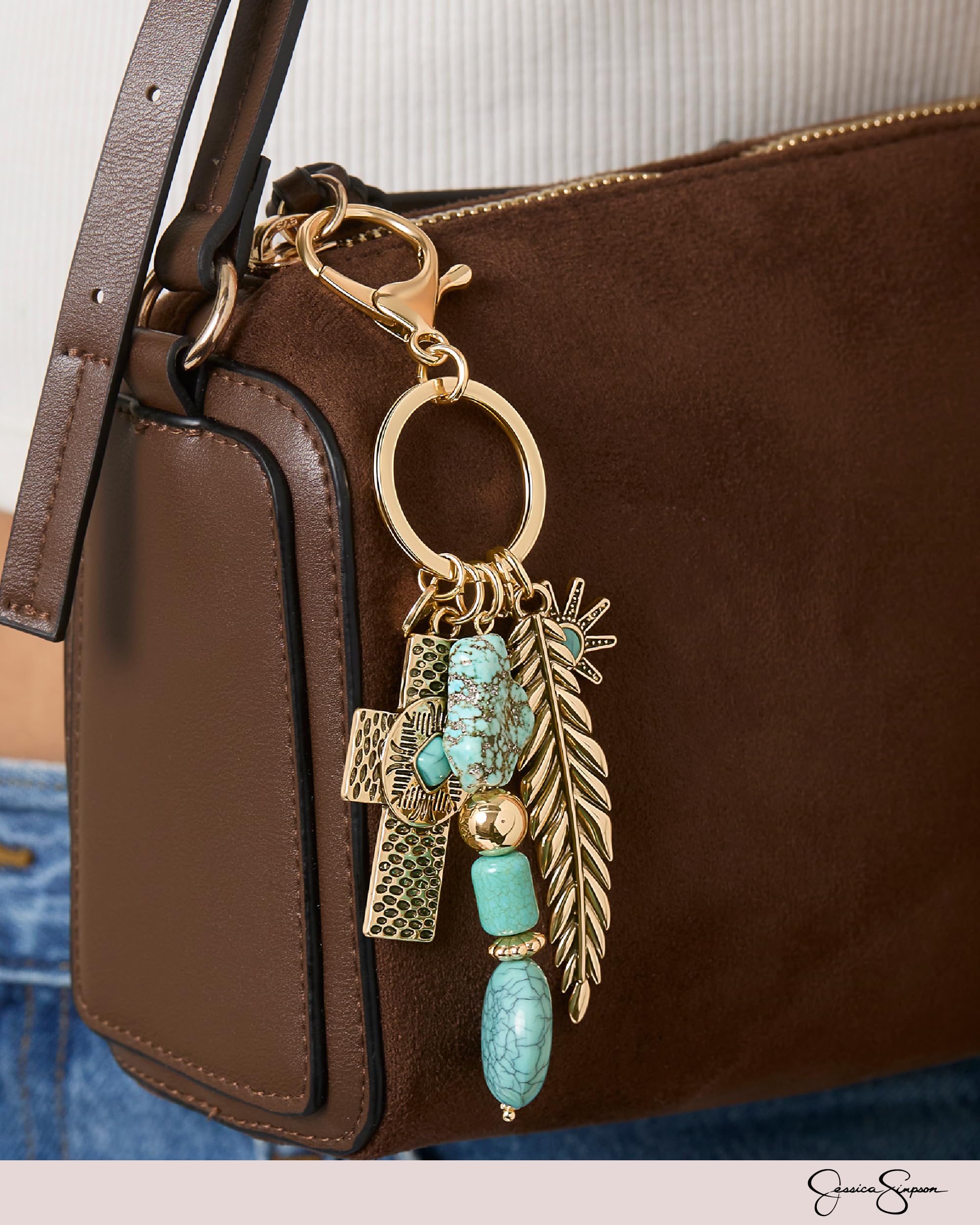 Jessica Simpson Turquoise Cross Keychain with Feather and Western Charms, Cross Bag Charm, Western Key Chain