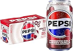 Pepsi Prebiotic Cola, Cherry Vanilla, 12 fl oz Cans (8 Pack), 30 Calories, 5g Prebiotic Fiber, 5g Sugar, Soda Pop Cola