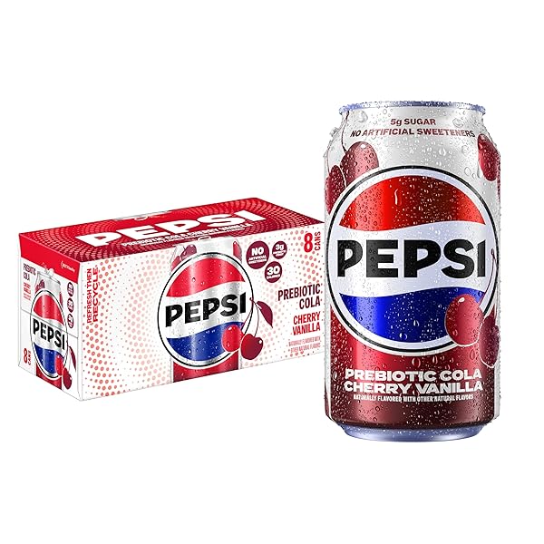 PEPSI PREBIOTIC COLA, CHERRY VANILLA, 12 FL OZ CANS (8 PACK), 30 CALORIES, 5G PREBIOTIC FIBER, 5G SUGAR, SODA POP COLA