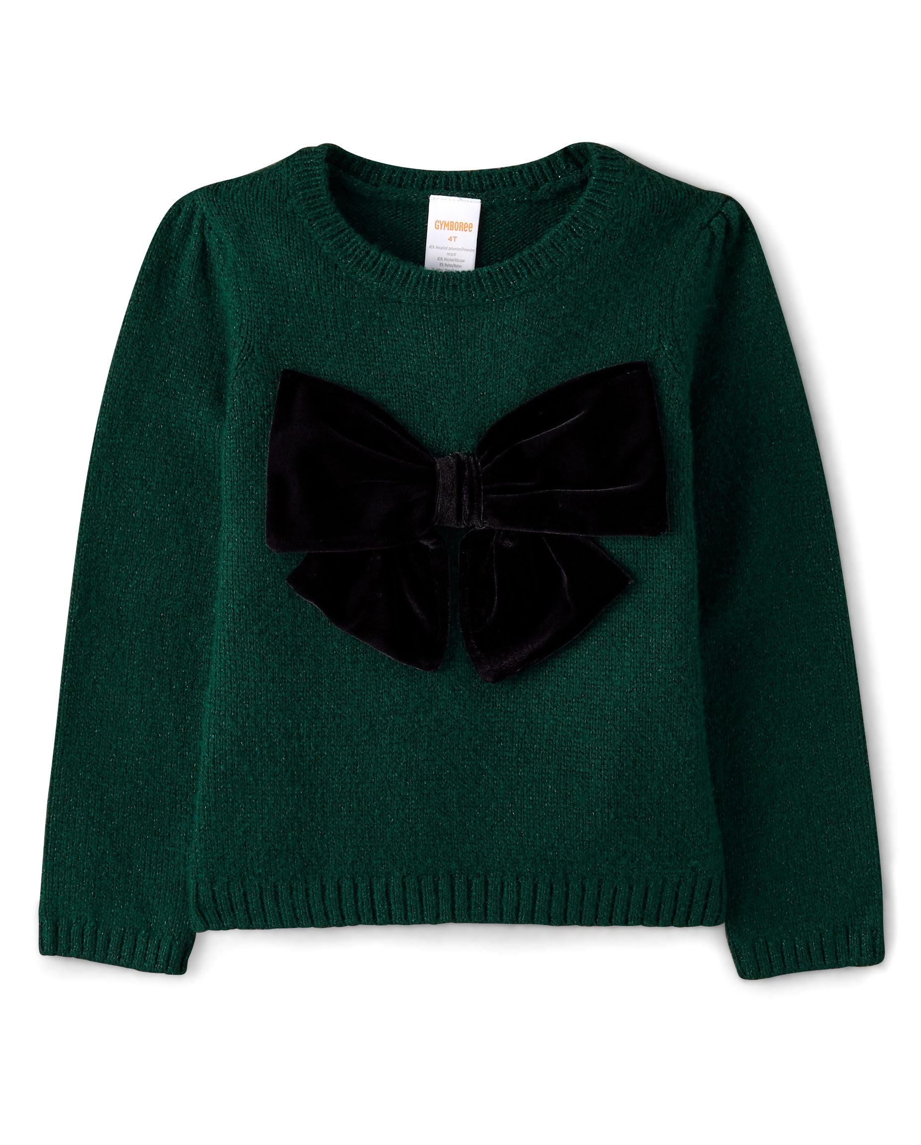 Gymboree,Girls,and Toddler Long Sleeve Crew Neck Pullover Sweater,Green Velvet Bow,4 Years Image