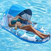 COOLCOOLDEE Pool Lounge Float with Canopy UPF50+,Extra Large Pool Floats for Adults Heavy Duty,Inflatable Lounger Float with Cup Holder &amp; Backrest,Footrest