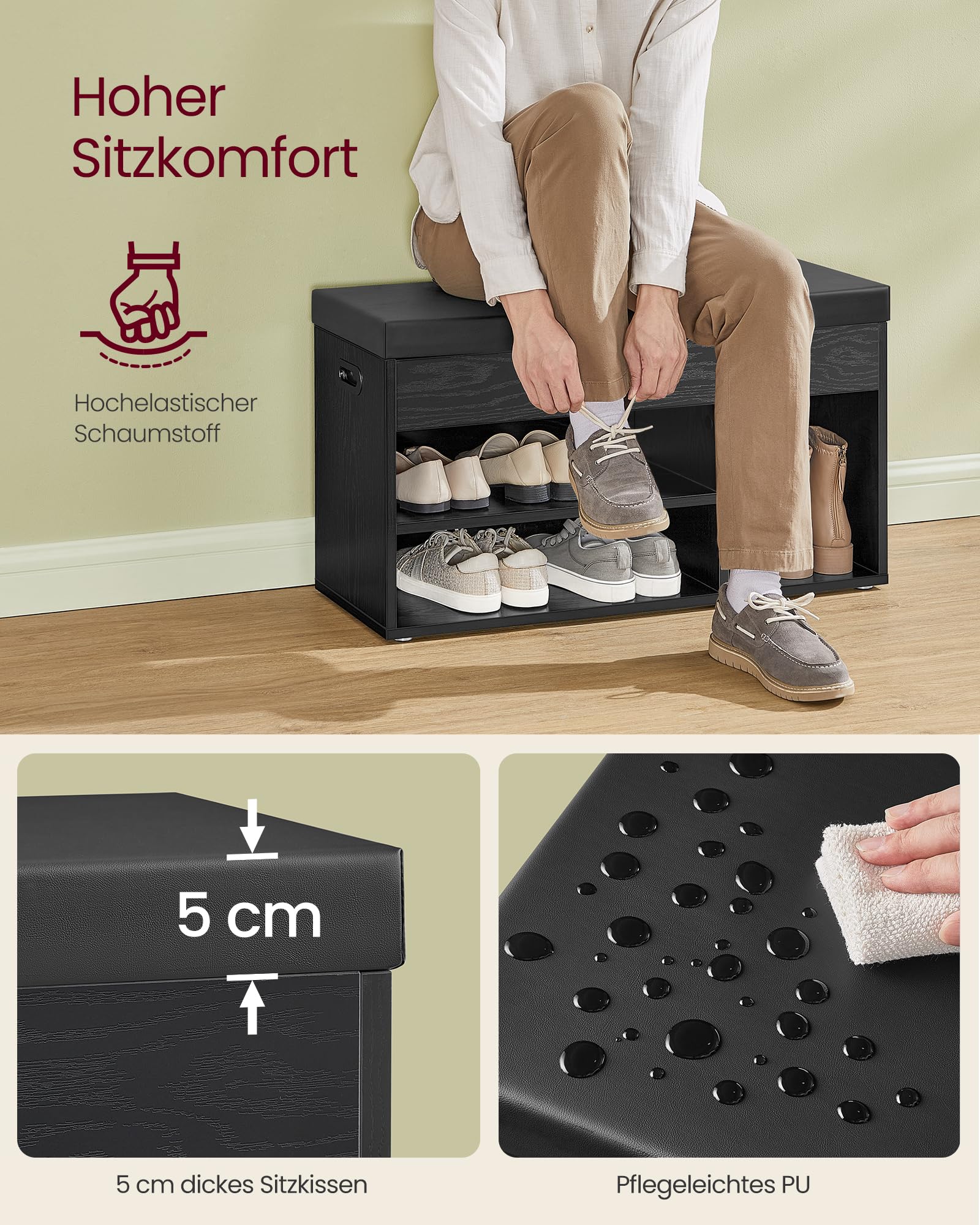 VASAGLE Schuhbank mit Sitzfläche, Sitzbank mit Stauraum, gepolstert, Fach unter Sitzkissen, Schuhregal Wohnzimmer, Flur, bis 136 kg belastbar, 30 x 80 x 44 cm, ebenholzschwarz-tintenschwarz LHS030B03 5