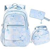 QYTFOA Kids Backpack for Girls Flower schoolbag with Lunch Bag & Pen Case Waterproof Girl Bookbag for Elementary school (blue)