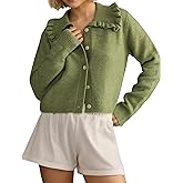 MISSACTIVER Women Ruffle Collar Cropped Cardigan Casual Lapel Button Down Sweaters Long Sleeve Open Front Knit Jacket