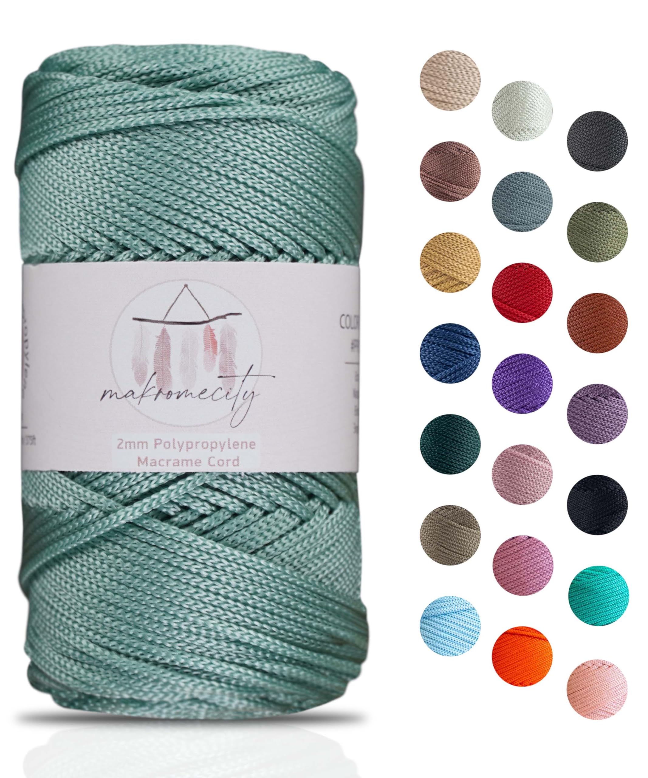 Makromecity Macrame Yarn 2 mm x 115 m Premium Polyester Macrame Cord Polypropylene Yarn for Crafts Home Decorations Place Plate Shoulder Bag Handbag Runner Dummy Chain 20 Colours (Sage)