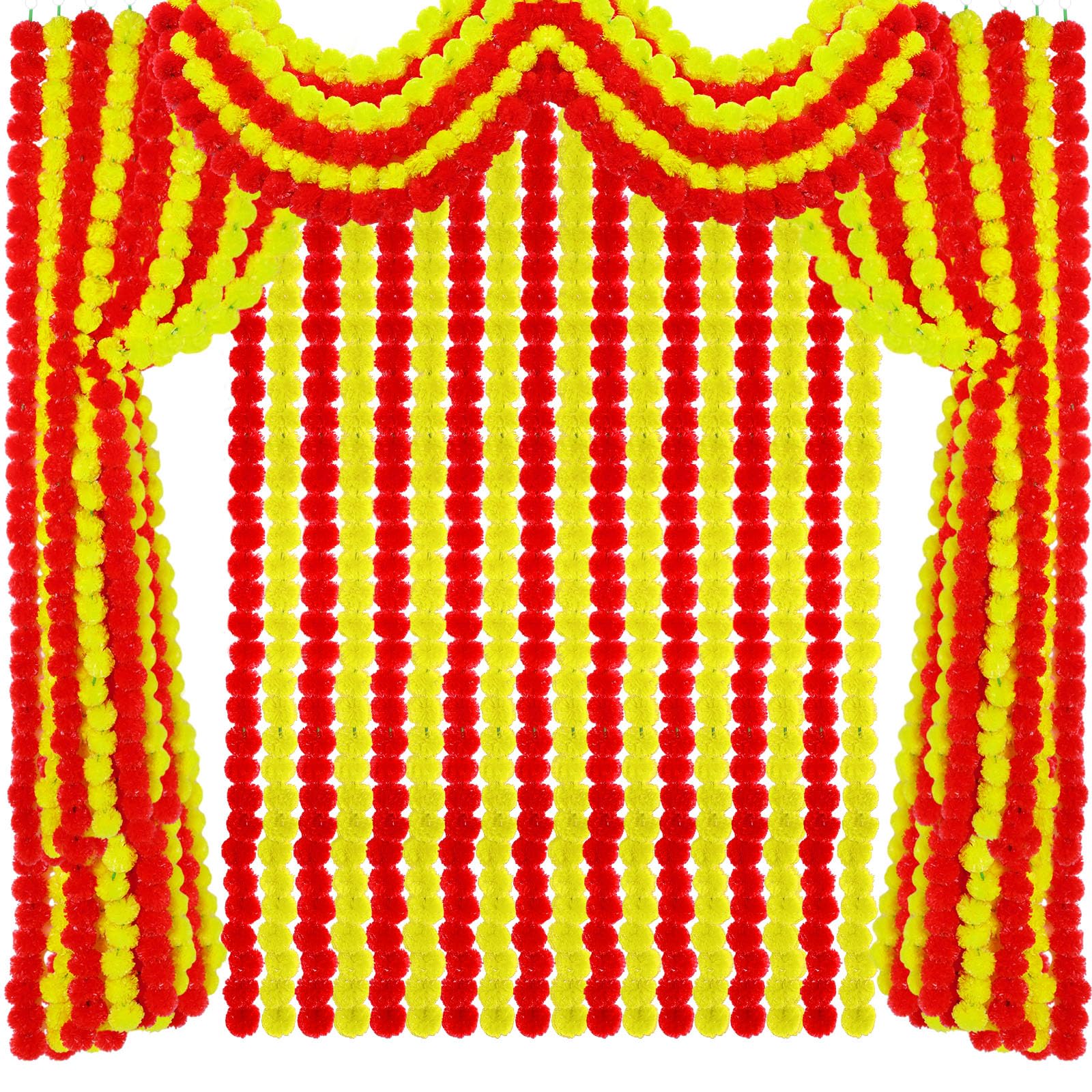 Photo 1 of Tigeen 24 Pcs 5 ft Long Strands Faux Artificial Marigold Flowers Garland for Wedding Party Mantle Decoration Faux Garlands Wedding Garland Diwali Decoration for Home Christmas (Yellow,Red)