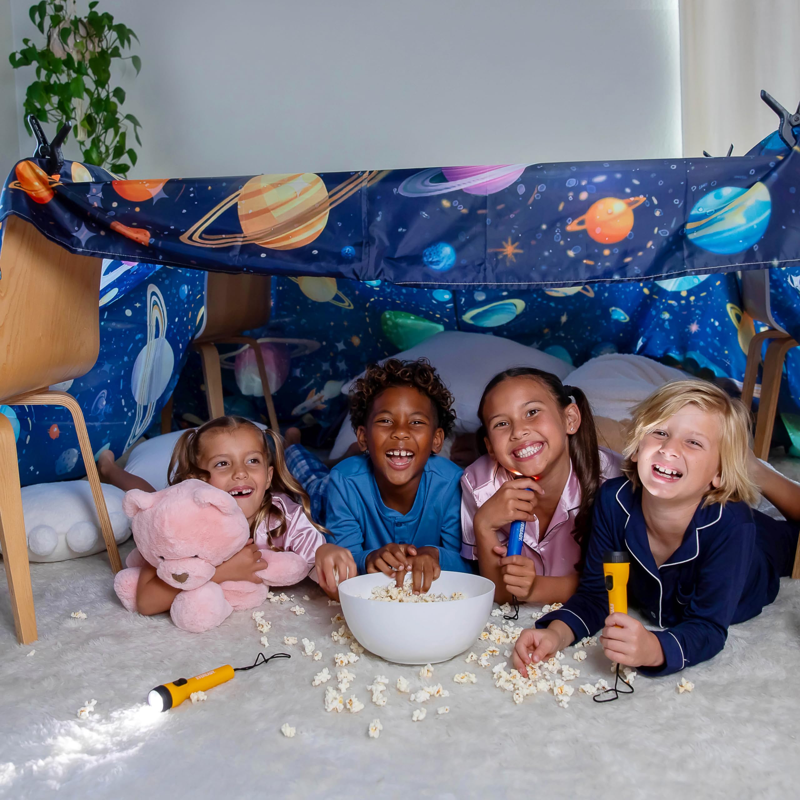 Blanket Fort Building Kit, X-Large 10' x 10' with Clips, Hooks and Sandbags, Play Blanket Fort Indoor Kit, Use as a Canopy, Play Stage Background - Space