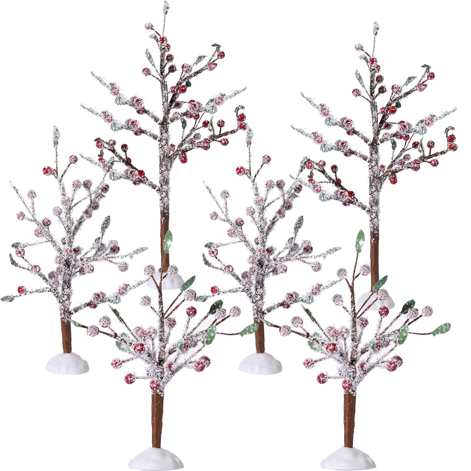 Geosar 6 Pieces Christmas Decor Snow Covered Village Tree Accessories Red Berry Bare Branch Artificial for Holiday Fairy Gardens Village Winter Wonderland Display (Berry Trees)