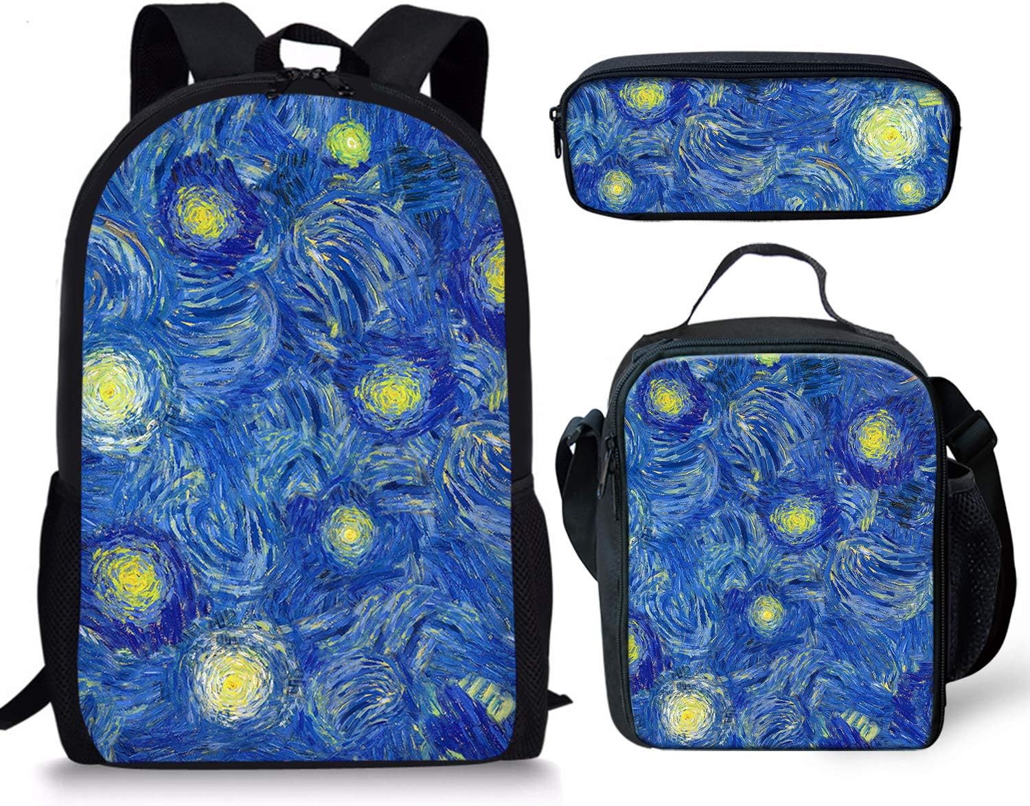 Starry Night Van Gogh Backpacks Set 3 Pieces Lunch Bag Pen Bag for Kids Back to School Lightweight Daypack for Boys Girls