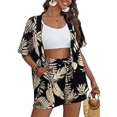 REDHOTYPE Women's 2 Piece Outfits Kimono Style Tropical Print Cover Ups Half Sleeve Blouse Shorts Set Summer Beachwear (S-XL)