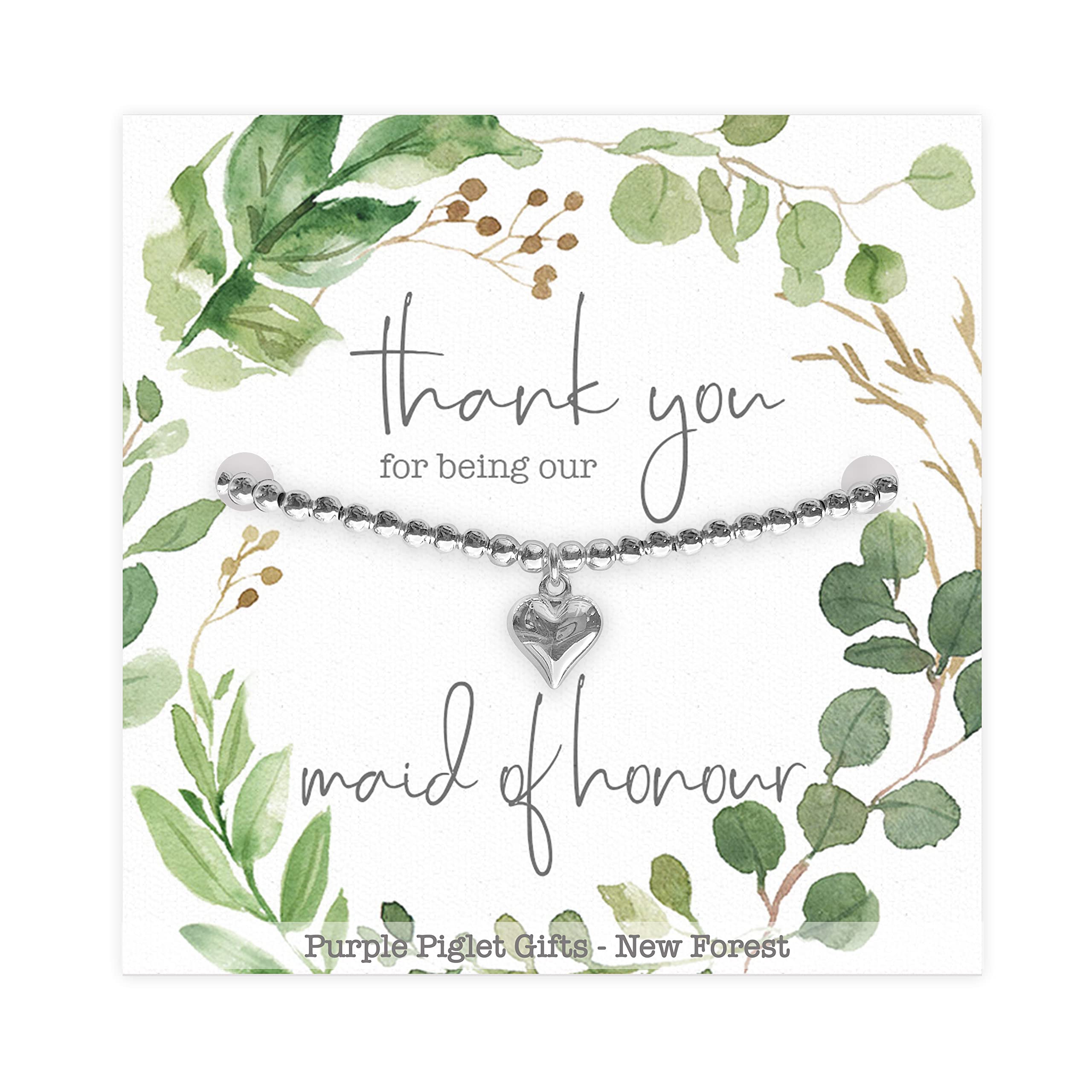 Purple Piglet Gifts Maid Of Honour Thank You Gift - Womens Adjustable Silver Bracelet With Sterling Silver Heart Charm - Gift Boxed Jewellery