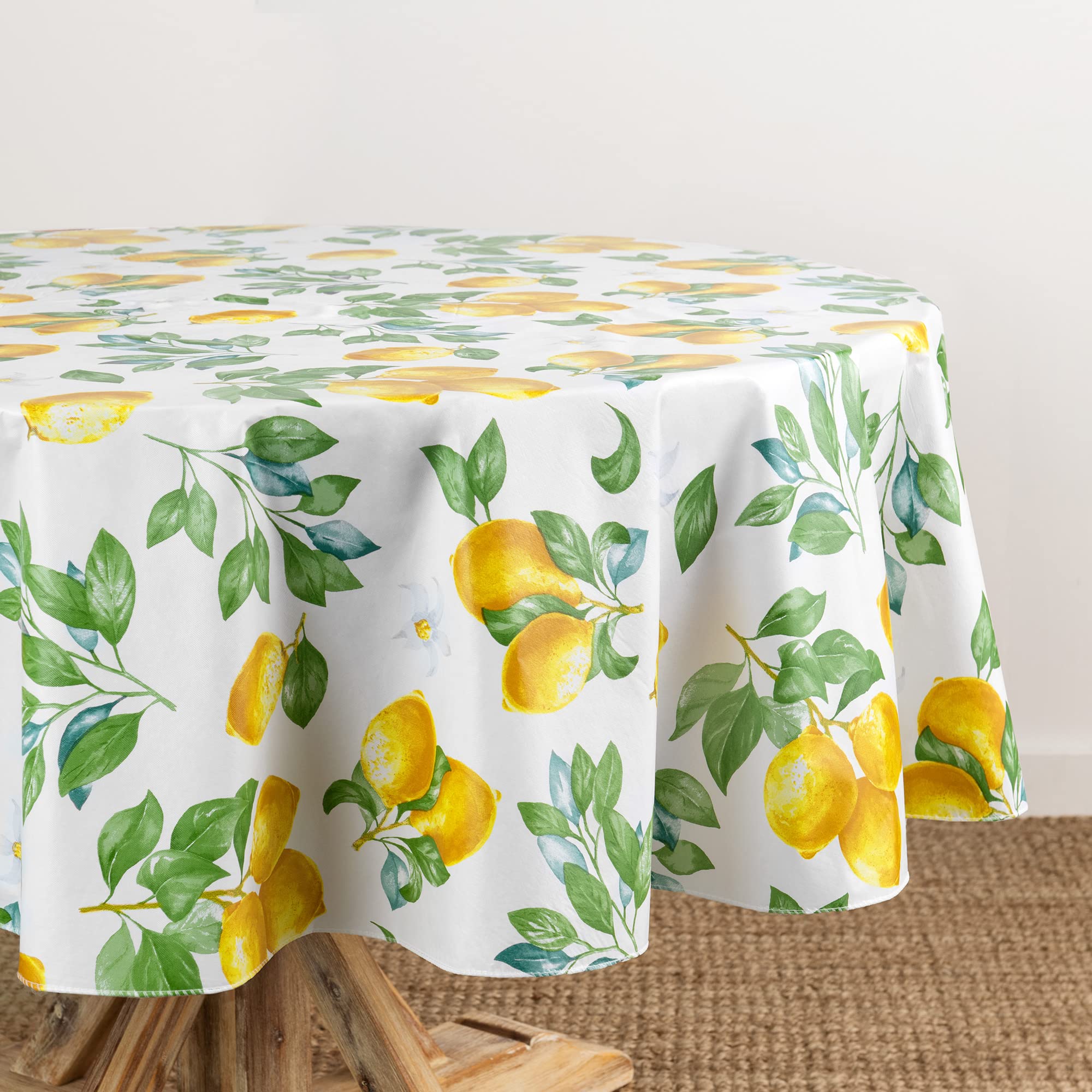 Elrene Home Fashions Vintage Lemon and Citrus Blooms Water- and Stain-Resistant Vinyl Tablecloth with Flannel Backing, 70 Inches X 70 Inches, Round