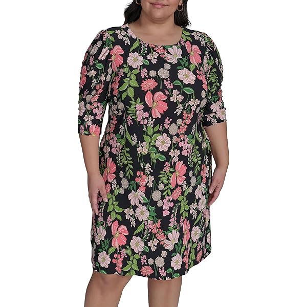 Tommy Hilfiger 3/4 Sleeve Printed Jersey Flounce Hem Shift Black/Cream 10  at Amazon Women's Clothing store