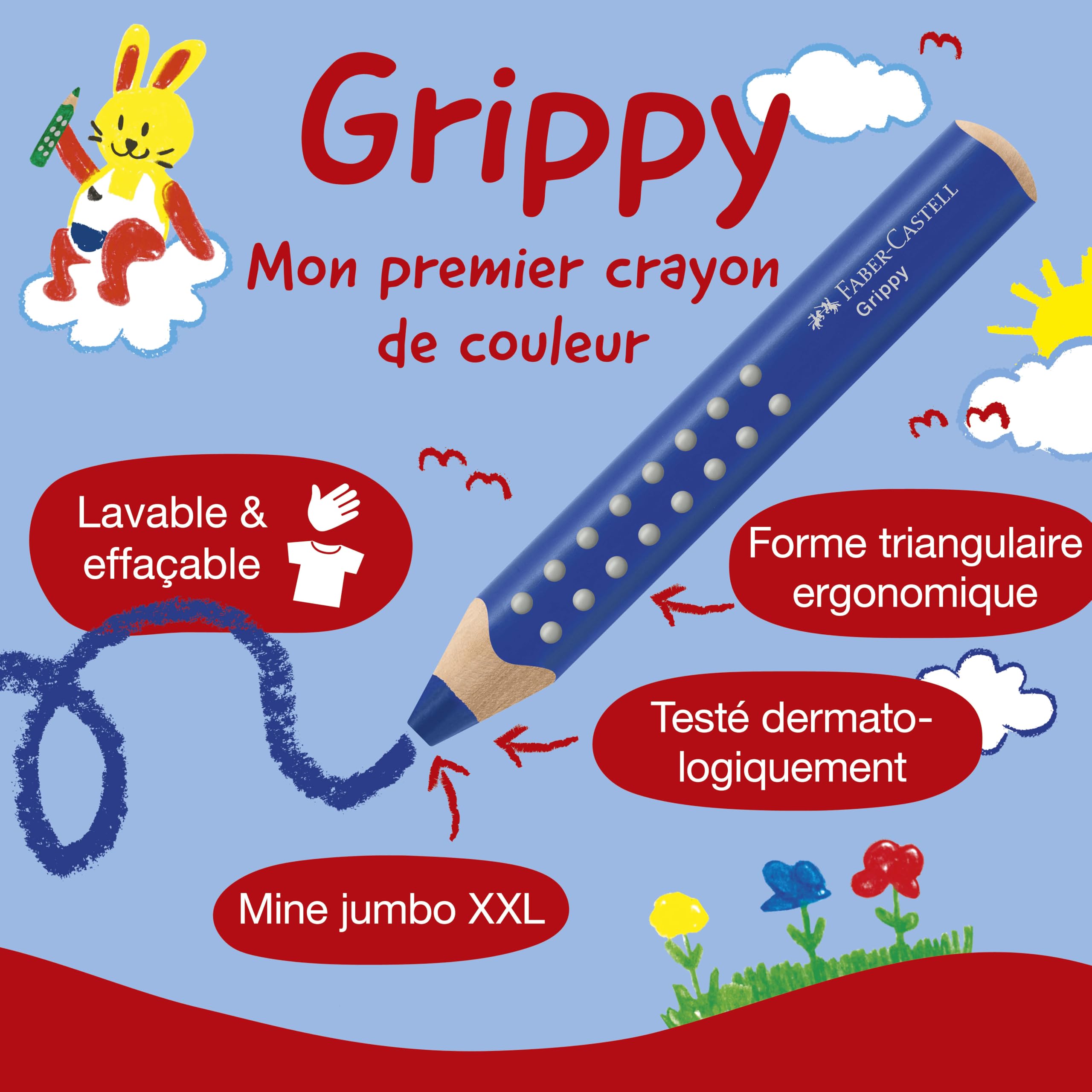 Faber-Castell 110624 Set Grippy, 10 Jumbo Buntstifte für Kleinkinder, leicht abwaschbare Malstifte für Kinder, ergonomische dreieckige Form, dicke Buntstifte, 10mm icke Mine 4