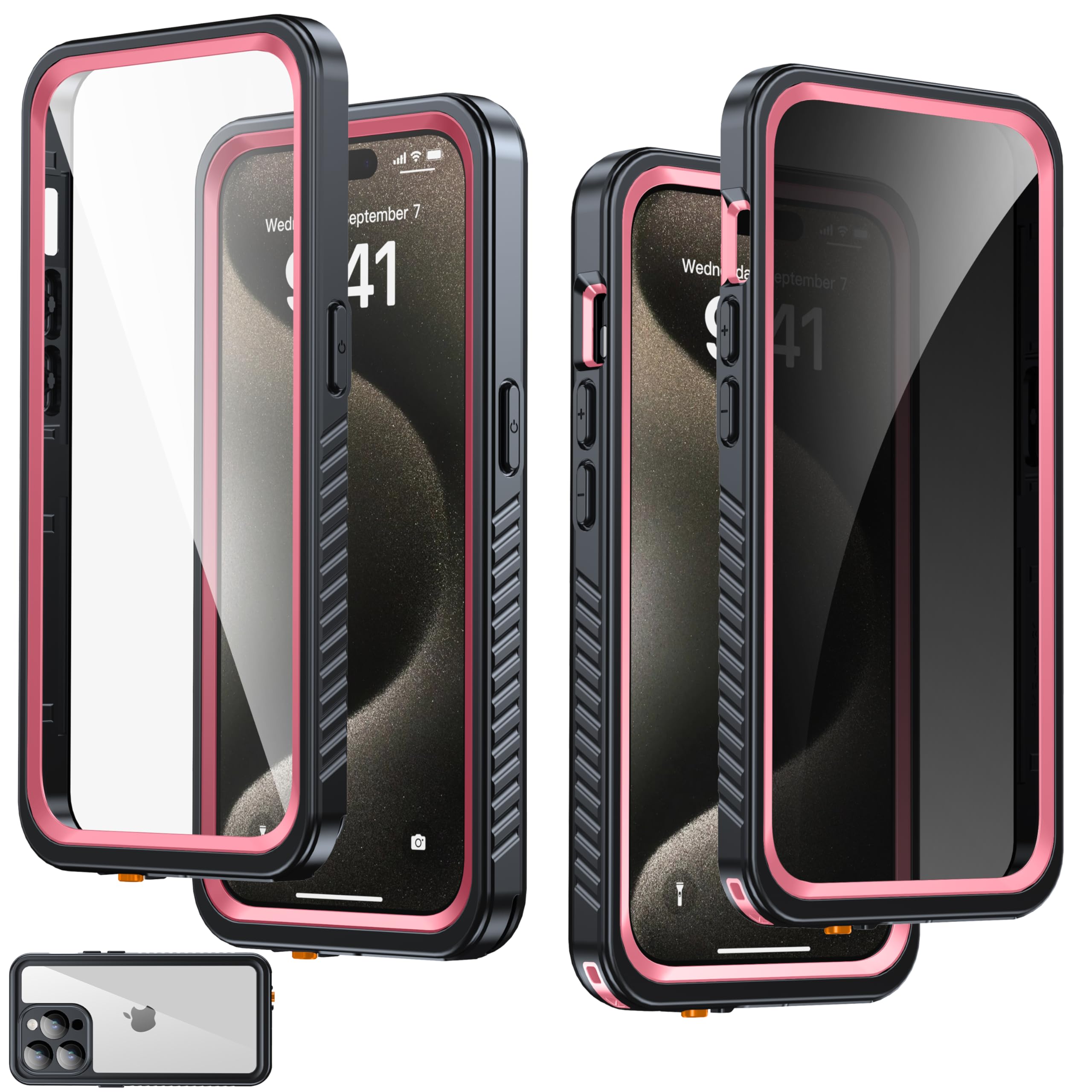 Photo 1 of AMILIFECASES for iPhone 15 Pro Case Waterproof, Built-in Privacy Screen & HD Screen Double Front Frame [IP68 Underwater] Shockproof Dustproof Full Body Protection iPhone 15 Pro Phone Case Pink