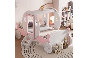 MERITLINE Twin Size Princess Bed for Girls, Wood Princess Carriage Bed with Crown, Kids Twin Car Bed Frames for Girls Boys, Twin Platform Bed for Kids (White+Pink)