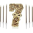7PCS Gold Bow Pendant Birthday Number 7 Candles Glitter Sequins Pearl Birthday Cake Number Candle for Cake Decoration Women Girls Birthday Anniversary Commemorative Party Supplies 7