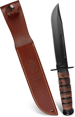 USMC Outdoor Messer aus Carbonstahl, Griff mit Lederriemen, inkl. Lederscheide
