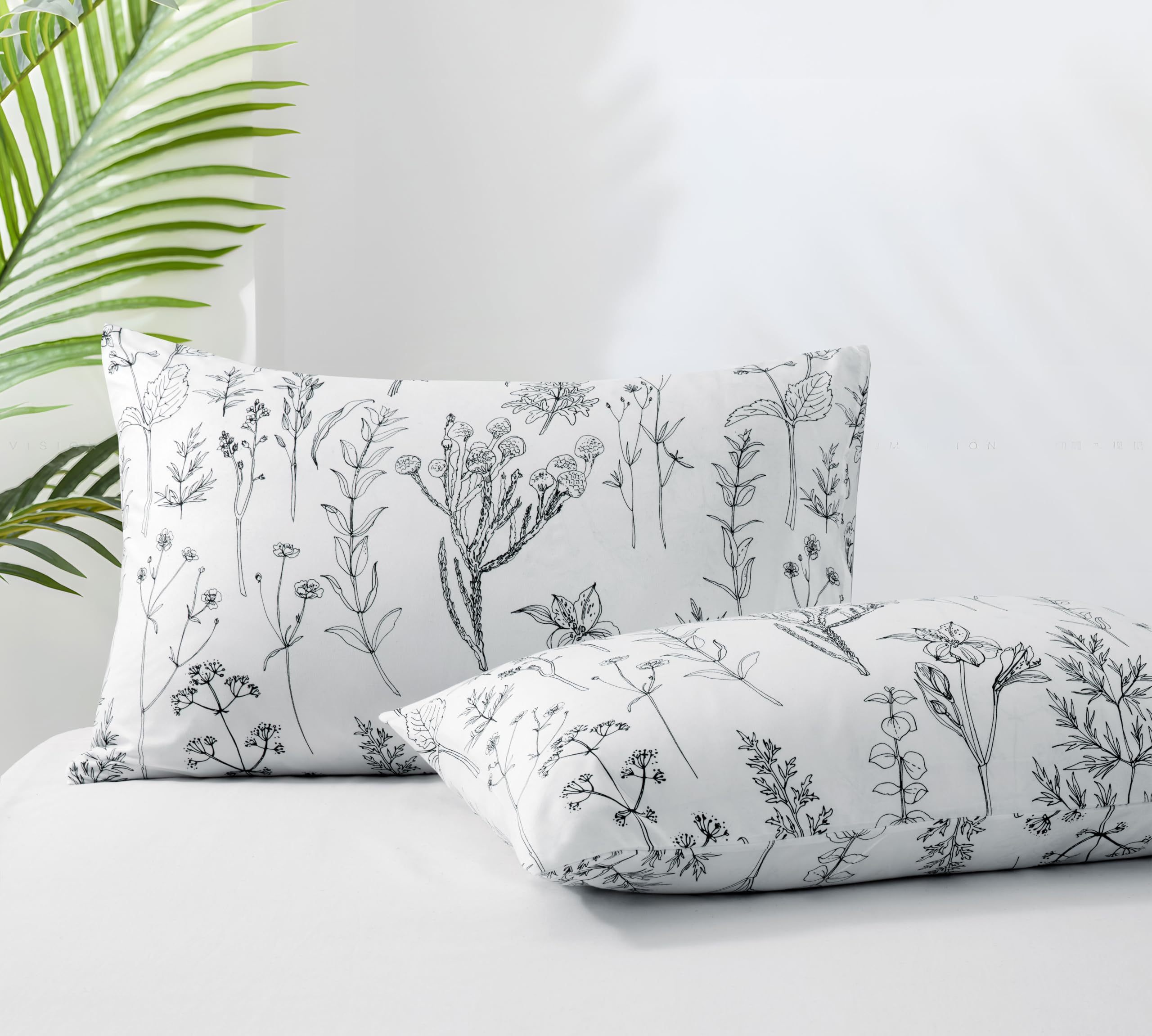 Photo 1 of Queen Pillow Cases Set of 2, 20x30 Envelope Closure Pillowcase Plant Patterns Pillow Cases, Soft Breathable and Non Shrinking White Pillow Cases Microfiber Brushed Pillowcases
