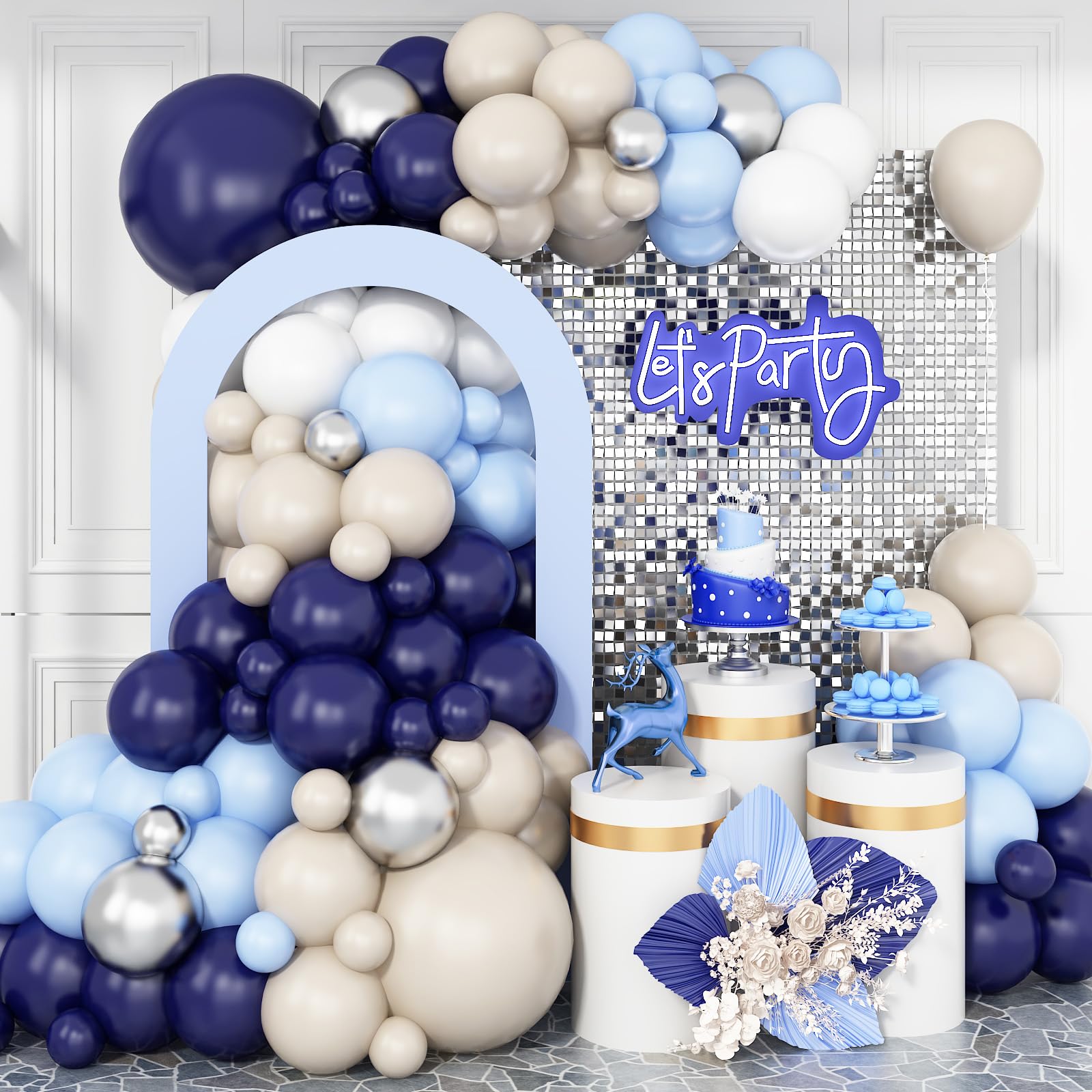 Navy Blue Silver Balloon Garland Arch Kit, Navy Blue Metallic Silver White Sand Beige Balloons Boho Garland for Baby Shower Engagement Wedding Birthday Decorations