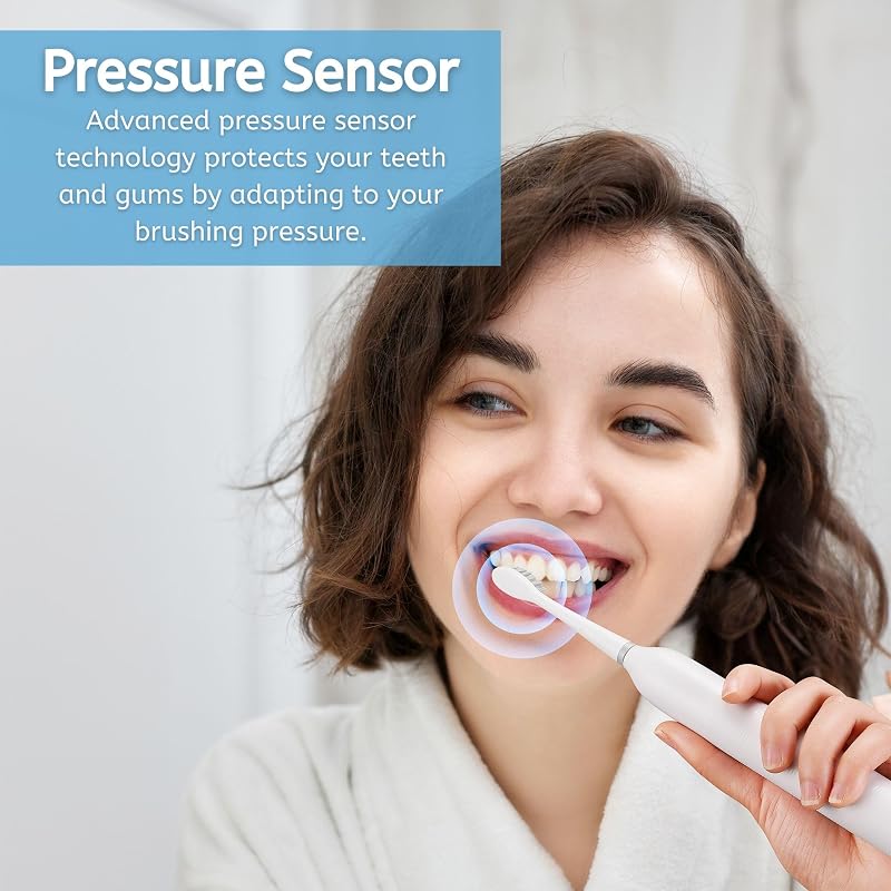 Spazzolino da denti sonico ricaricabile per adulti, 5 modalità di pulizia, spazzolino elettrico, sensore di pressione, 6 testine, batteria da 60 giorni, timer intelligente