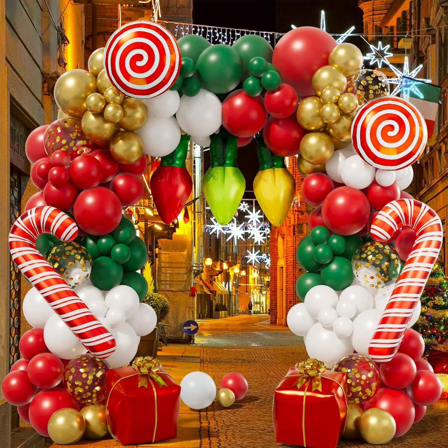 153PCS Christmas Balloon Garland Arch kit with Red Green White Candy Cane Xmas Gift Box Foil Red Cane Balloons for Christmas Party Decorations