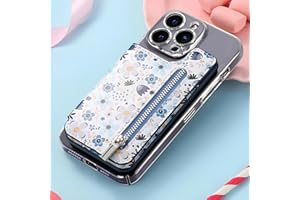 Blue Floral Magnetic Phone Card Holder with Zipper Pocket, Slim PU Leather Wallet & Stand for Back of Phone Case, Holds Cards