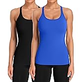 ATTRACO 2 Pack Ribbed Workout Tank Top with Built in Bra for Women Tight Fit Seamless Yoga Top