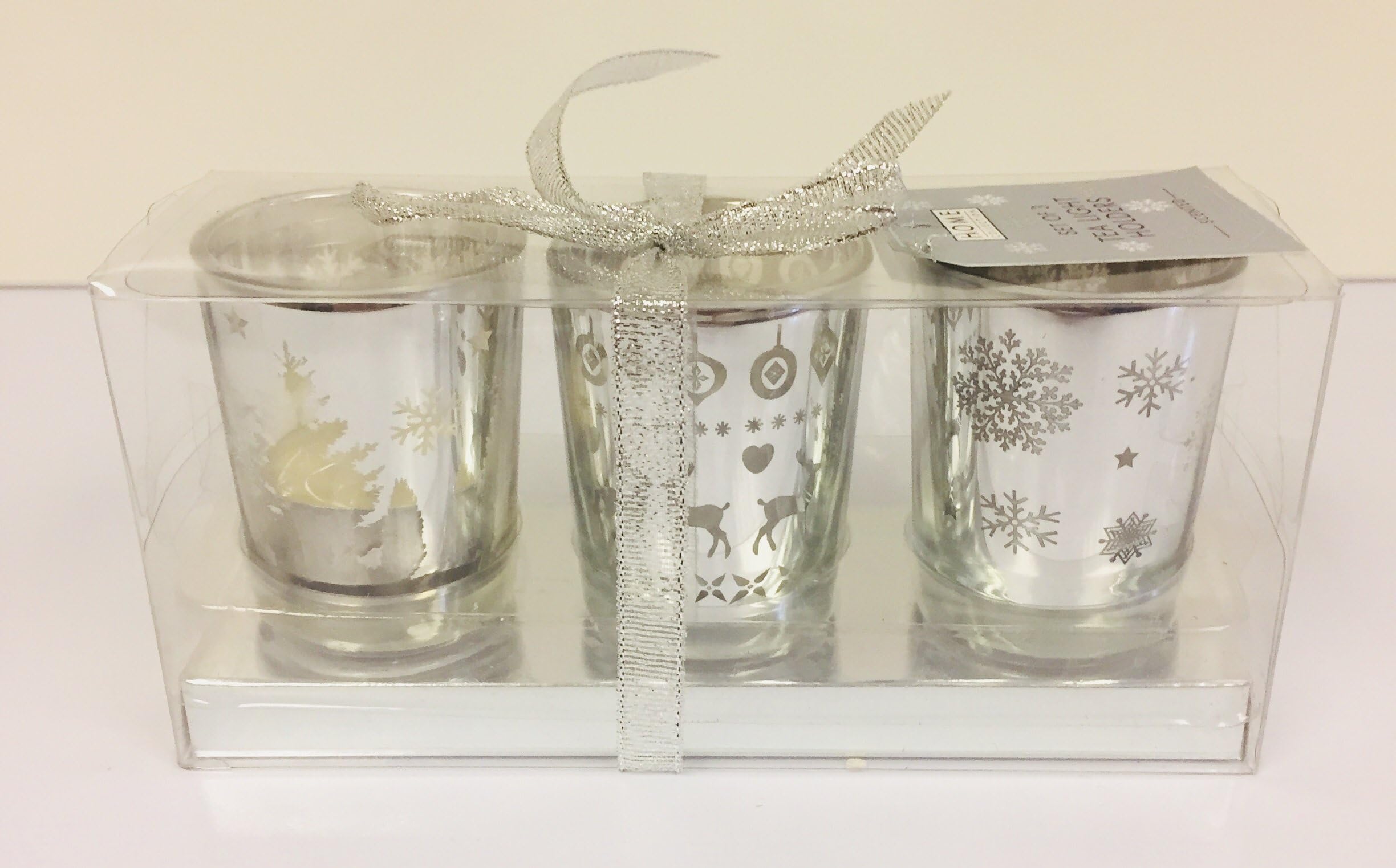 SET OF 3 LUXURY SILVER CHRISTMAS TEA LIGHT HOLDERS