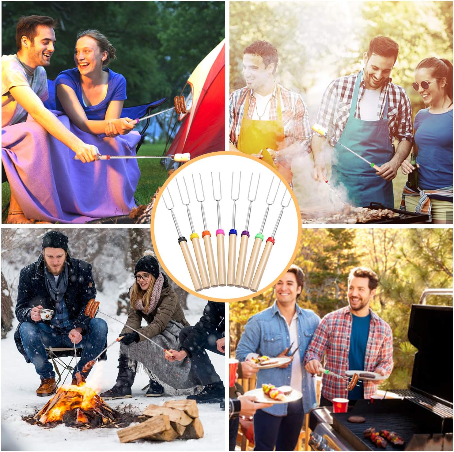 Newtion 8 PCS 32" Extendable BBQ Forks - Marshmallow Roasting Sticks with Wooden Handle, Telescoping Smores Skewers for Campfire Firepit : Garden & Outdoor