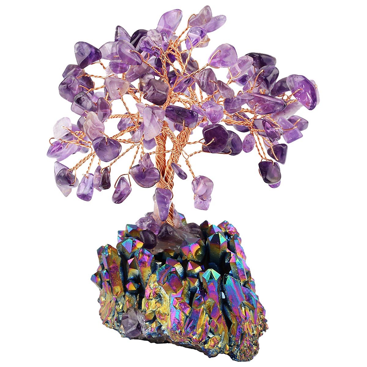 mookaitedecor Natural Amethyst Crystal Money Tree,Gemstone Feng Shui Ornaments Tree of Life Figurines,Titanium Coated Rainbow Stone Cluster Base
