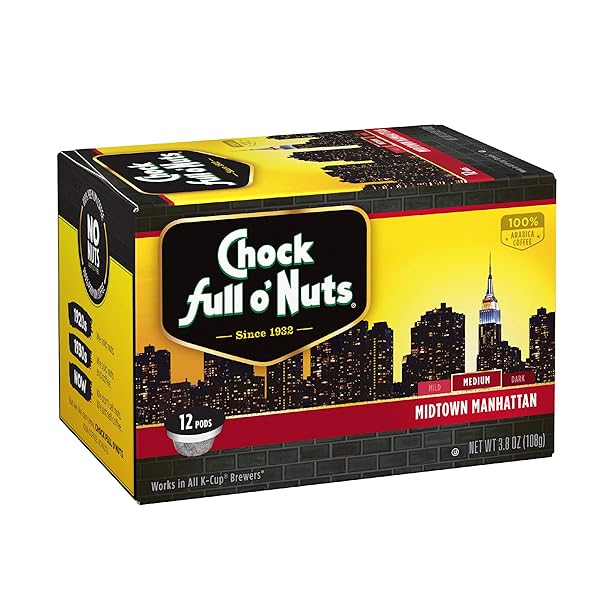 CHOCK FULL O’NUTS MIDTOWN MANHATTAN MEDIUM ROAST, K-CUP COMPATIBLE PODS – 12 COUNT – 100% ARABICA COFFEE IN ECO-FRIENDLY SINGLE SERVE CUPS